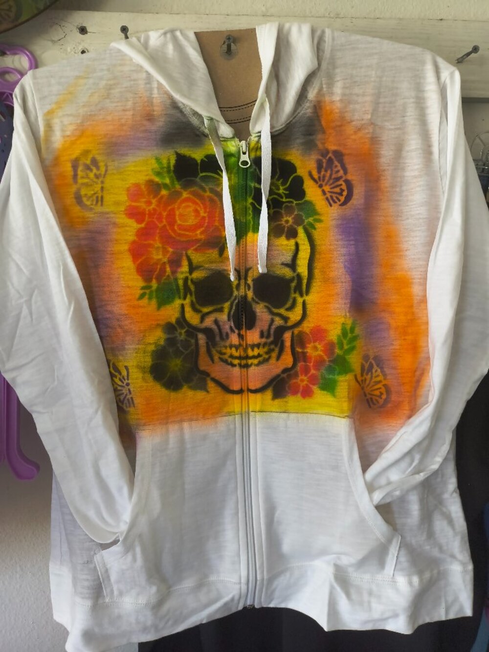 Airbrushed, handmade Gothic, skull, sugar skull, butterfly themed light hoodie